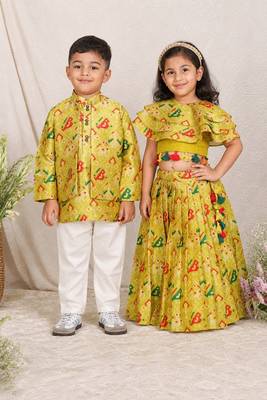 Lime green printed silk & chanderi lehenga choli & kurta jacket brother sister matching combo 1