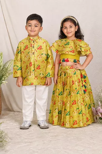 Lime green printed silk & chanderi lehenga choli & kurta jacket brother sister matching combo