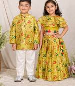 Lime green printed silk & chanderi lehenga choli & kurta jacket brother sister matching combo