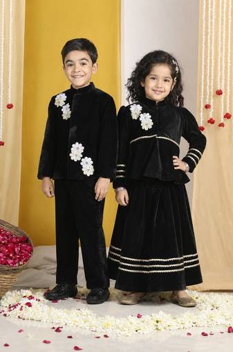 Black embroidered velvet lehenga choli & sherwani brother sister matching combo