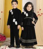 Black embroidered velvet lehenga choli & sherwani brother sister matching combo
