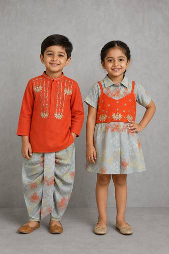 Grey & orange embroidered cotton silk indo western set & dhoti kurta brother sister matching combo