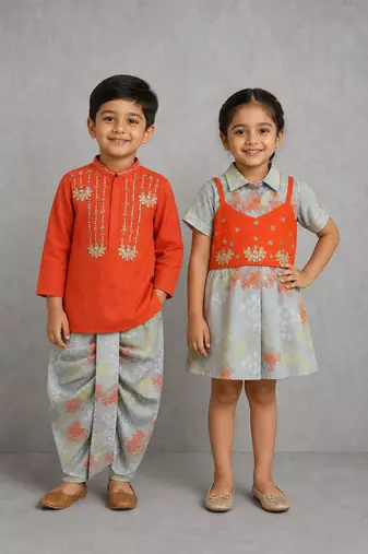 Grey & orange embroidered cotton silk indo western set & dhoti kurta brother sister matching combo