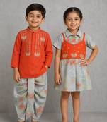 Grey & orange embroidered cotton silk indo western set & dhoti kurta brother sister matching combo