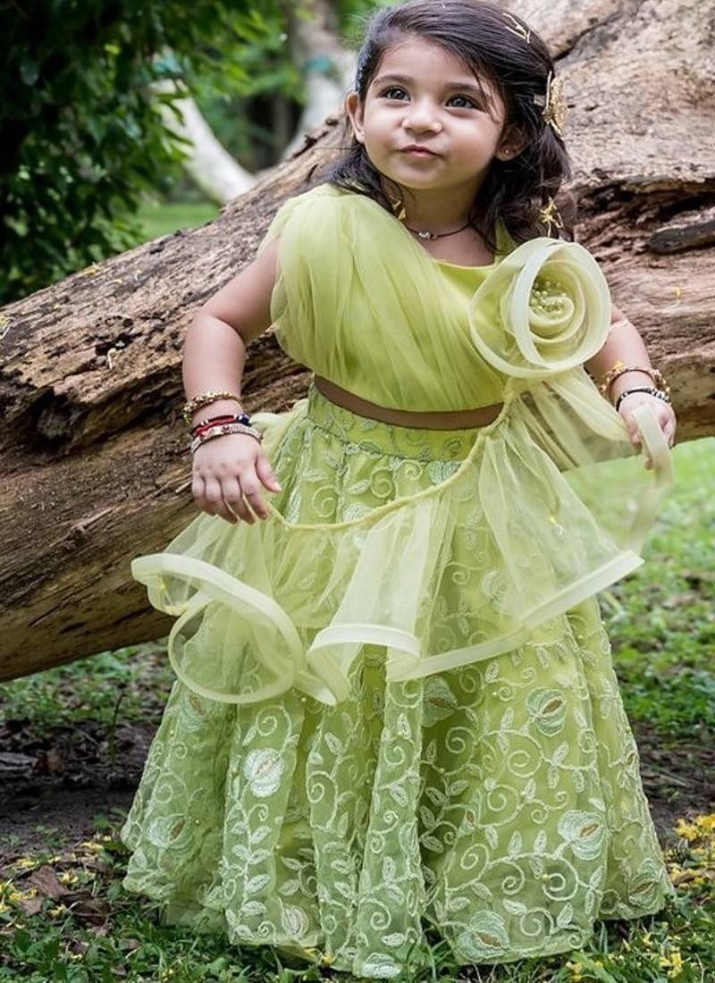 Green embroidered net lehenga choli & kurta pant brother sister matching combo