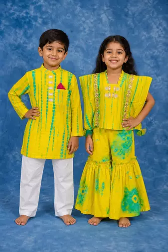 Yellow embroidered chanderi silk & satin sharara set & kurta pant brother sister matching combo