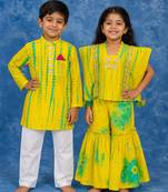 Yellow embroidered chanderi silk & satin sharara set & kurta pant brother sister matching combo
