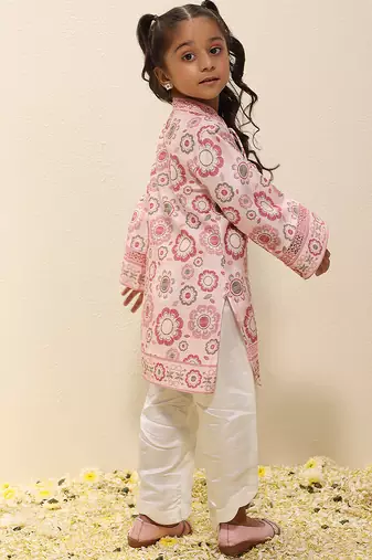 Pink printed silk & linen kurta set & kurta pant brother sister matching combo