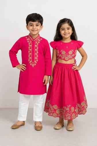 Pink embroidered silk lehenga choli & kurta pyjama brother sister matching combo