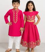 Pink embroidered silk lehenga choli & kurta pyjama brother sister matching combo