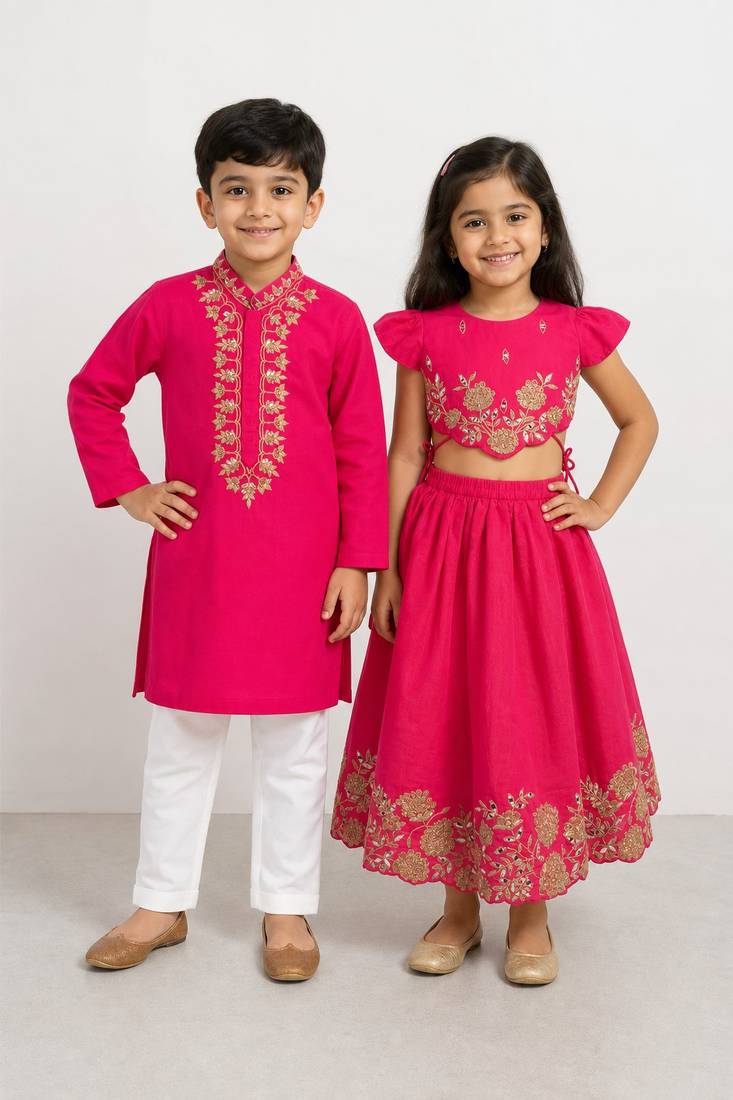 Pink embroidered silk lehenga choli & kurta pyjama brother sister matching combo