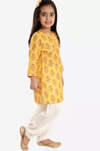Mustard & multicolor printed linen kurta patiala set & kurta pyjama brother sister matching combo