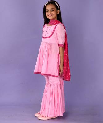Pink sequinned & printed silk & cotton sharara set & kurta pyjama brother sister matching combo 2