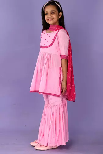 Pink sequinned & printed silk & cotton sharara set & kurta pyjama brother sister matching combo
