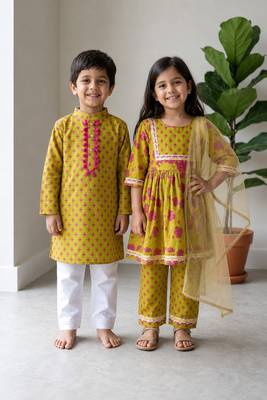 Lime green printed cotton kurta set & kurta pyjama brother sister matching combo 1