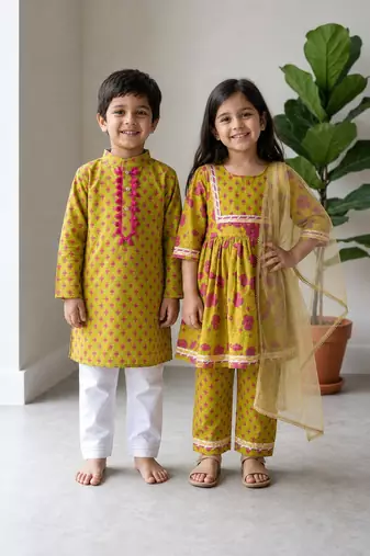 Lime green printed cotton kurta set & kurta pyjama brother sister matching combo