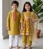 Lime green printed cotton kurta set & kurta pyjama brother sister matching combo