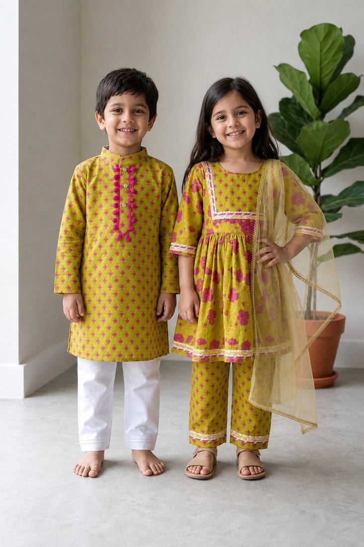 Lime green printed cotton kurta set & kurta pyjama brother sister matching combo
