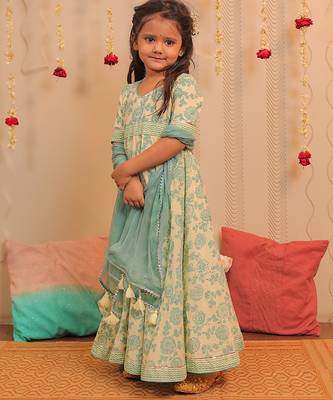 Yellow printed cotton anarkali set & kurta pyjama brother sister matching combo 2
