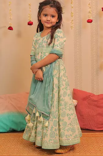 Yellow printed cotton anarkali set & kurta pyjama brother sister matching combo