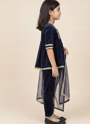 Navy blue & blue embroidered velvet kurta set & kurta pant brother sister matching combo 2