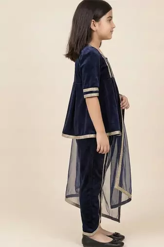 Navy blue & blue embroidered velvet kurta set & kurta pant brother sister matching combo