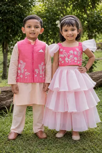 Pink embroidered organza & cotton silk lehenga choli & kurta jacket brother sister matching combo