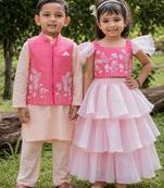 Pink embroidered organza & cotton silk lehenga choli & kurta jacket brother sister matching combo