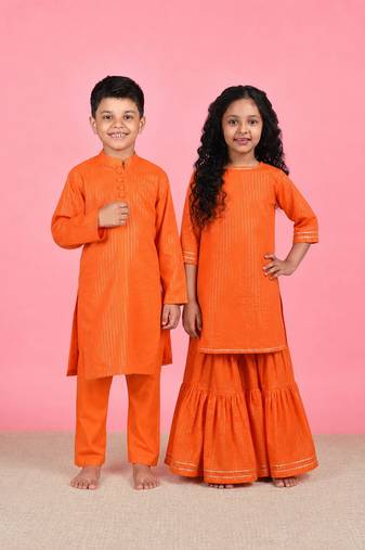 Orange woven cotton sharara set & kurta pant brother sister matching combo