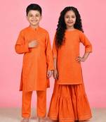 Orange woven cotton sharara set & kurta pant brother sister matching combo