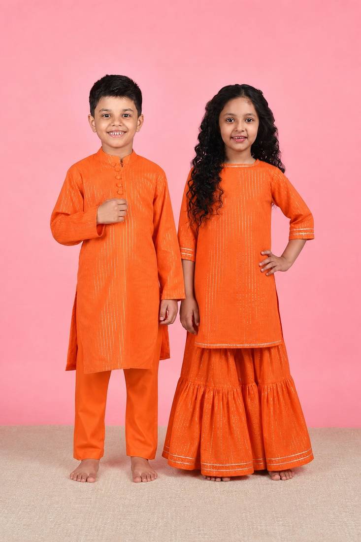 Orange woven cotton sharara set & kurta pant brother sister matching combo