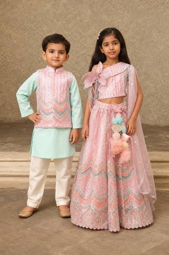 Pink & blue embroidered net & cotton skirt set & kurta jacket brother sister matching combo