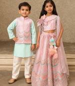 Pink & blue embroidered net & cotton skirt set & kurta jacket brother sister matching combo