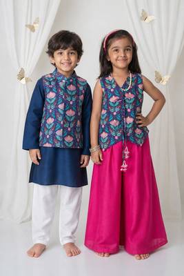 Pink & blue handwoven cotton sharara set & bandhgala brother sister matching combo 1