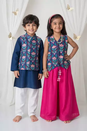 Pink & blue handwoven cotton sharara set & bandhgala brother sister matching combo