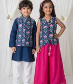 Pink & blue handwoven cotton sharara set & bandhgala brother sister matching combo