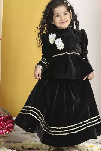 Black embroidered velvet lehenga choli & sherwani brother sister matching combo