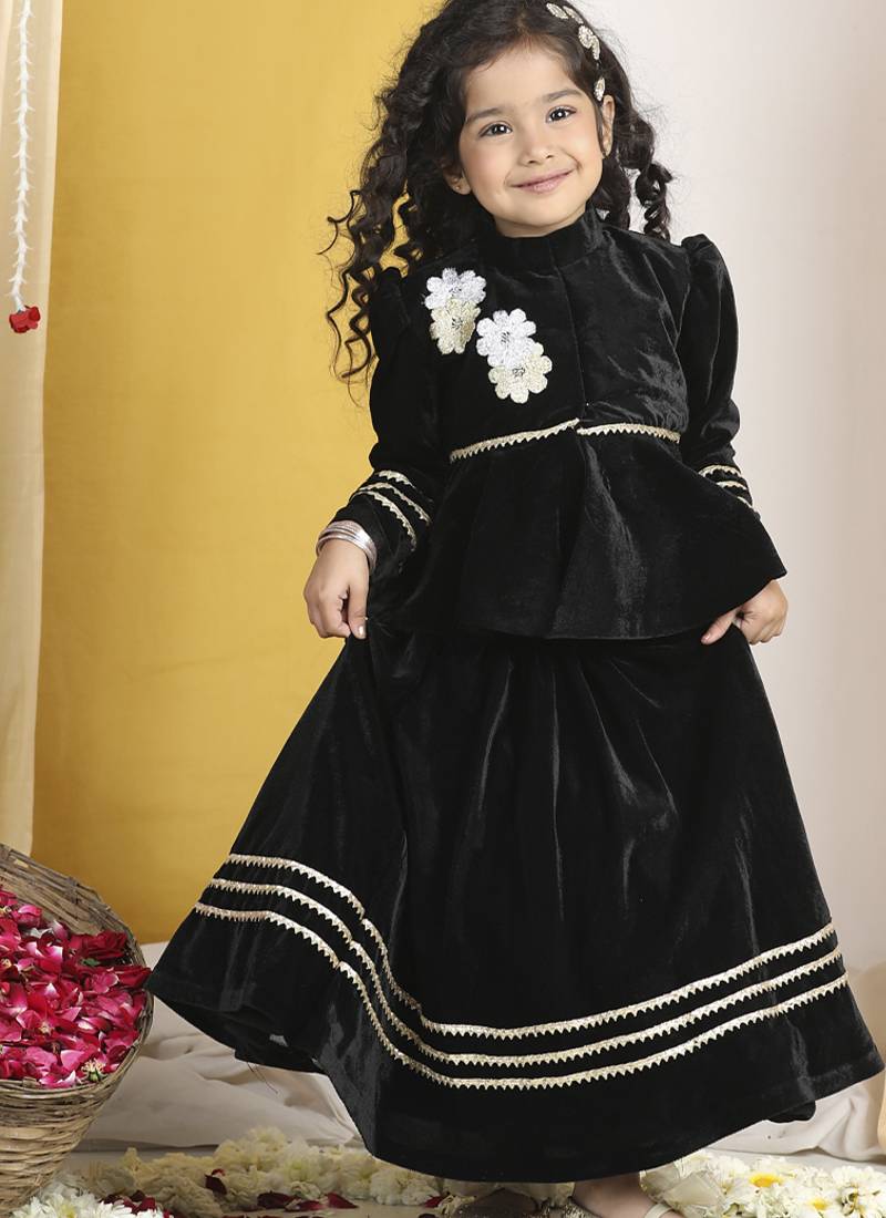 Black embroidered velvet lehenga choli & sherwani brother sister matching combo