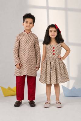 Mint green printed cotton dress & kurta pyjama brother sister matching combo 1
