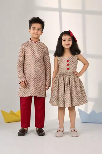 Mint green printed cotton dress & kurta pyjama brother sister matching combo