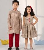 Mint green printed cotton dress & kurta pyjama brother sister matching combo