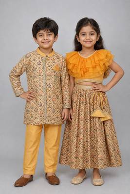 Golden & orange embroidered cotton silk lehenga choli & kurta pyjama brother sister matching combo 1
