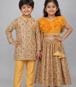 Golden & orange embroidered cotton silk lehenga choli & kurta pyjama brother sister matching combo