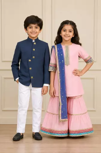 Pink & white gota embroidered chanderi silk sharara set & shirt set brother sister matching combo