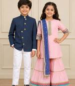 Pink & white gota embroidered chanderi silk sharara set & shirt set brother sister matching combo