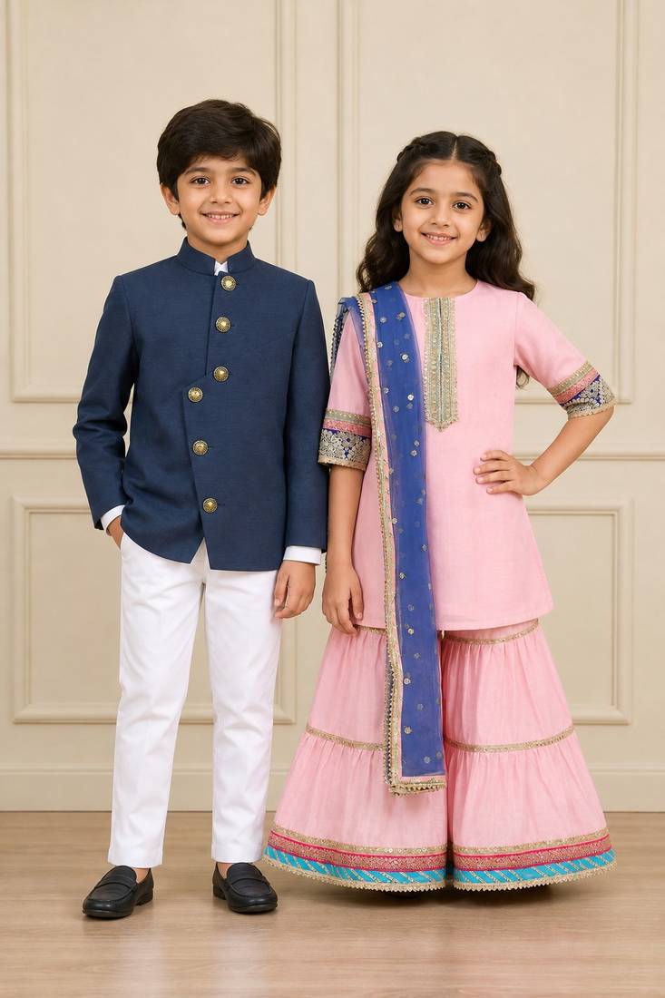 Pink & white gota embroidered chanderi silk sharara set & shirt set brother sister matching combo
