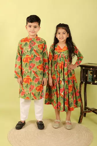 Green floral printed cotton dress & kurta pant brother sister matching combo