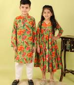 Green floral printed cotton dress & kurta pant brother sister matching combo