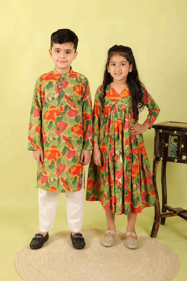 Green floral printed cotton dress & kurta pant brother sister matching combo
