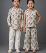 Off white & grey printed cotton silk co-ord set & kurta pant brother sister matching combo